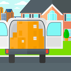 Image showing Background of delivery truck with an open door and cardboard boxes in front of house.