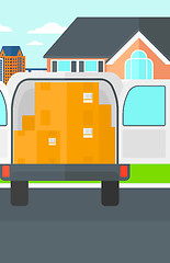 Image showing Background of delivery truck with an open door and cardboard boxes in front of house.