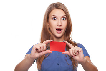 Image showing Confident business woman in glasses showing blank credit card