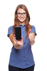 Image showing Woman showing blank black smart phone screen