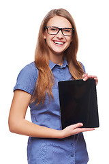 Image showing Business woman showing blank black digital tablet computer screen