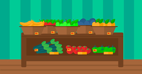 Image showing Background of vegetables and fruits on shelves in supermarket.