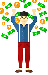 Image showing Happy man with  flying money. 