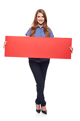 Image showing Woman holding red blank cardboard
