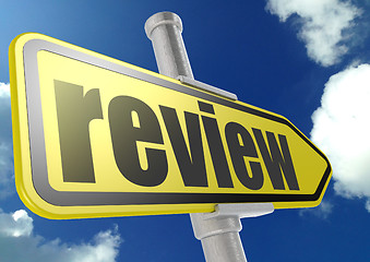Image showing Yellow road sign with review word under blue sky