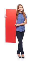 Image showing Woman holding red blank cardboard