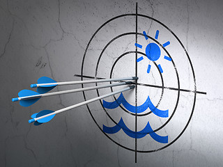 Image showing Tourism concept: arrows in Beach target on wall background