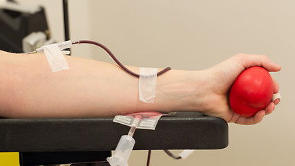 Image showing Donor in an armchair donates blood,, close-up