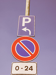 Image showing  No parking sign over blue sky vintage