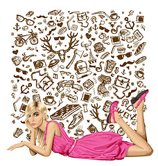 Image showing Blonde in pink lies on a floor