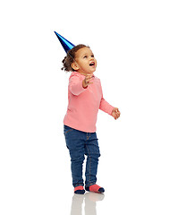 Image showing happy little baby girl with birthday party hat