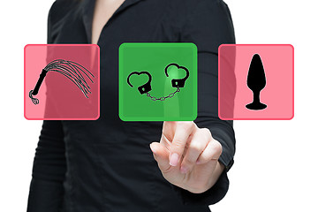 Image showing Sex Toys word on virtual screen push by business woman. handcuffs button