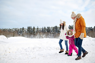 Image showing happy family in winter clothes walking outdoors