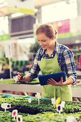 Image showing happy woman with tablet pc in greenhouse