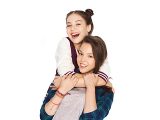 Image showing happy smiling pretty teenage girls hugging