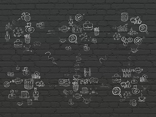 Image showing Grunge background: Black Brick wall texture with Painted Hand Drawn Business Icons