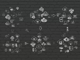 Image showing Grunge background: Black Brick wall texture with Painted Hand Drawn Cloud Technology Icons