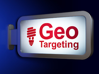 Image showing Business concept: Geo Targeting and Energy Saving Lamp on billboard background