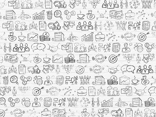 Image showing Grunge background: White Brick wall texture with Painted Hand Drawn Business Icons