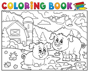 Image showing Coloring book two pigs near farm