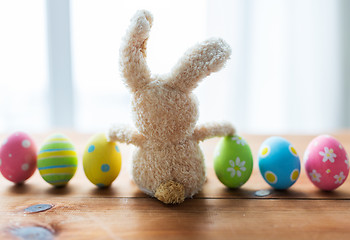 Image showing close up of colored easter eggs and bunny