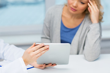 Image showing doctor with tablet pc and ill woman at hospital