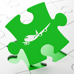 Image showing Travel concept: Airplane on puzzle background