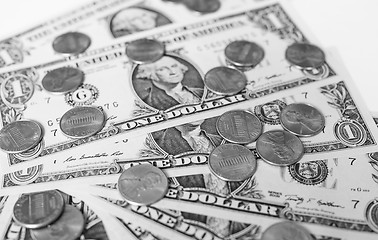 Image showing Black and white Dollar coins and notes