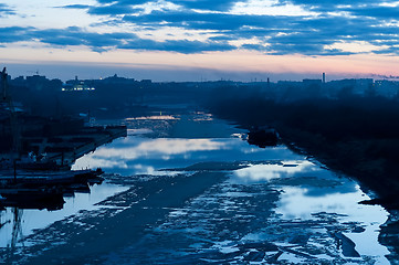 Image showing Twilight view on river in spring season. Tyumen