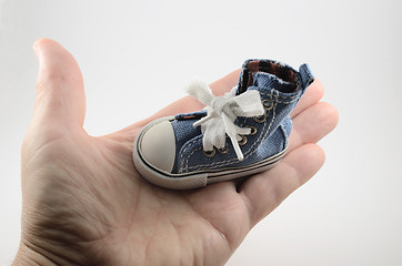 Image showing tiny denim shoe on the palm