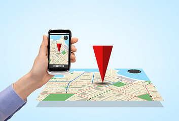 Image showing close up of hand with smartphone gps navigator map