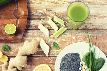 Image showing close up of super food ingredients on wooden table