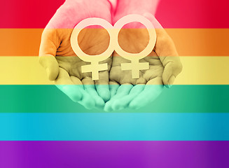 Image showing close up of lesbian couple hands with venus symbol