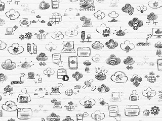 Image showing Grunge background: White Brick wall texture with Painted Hand Drawn Cloud Technology Icons