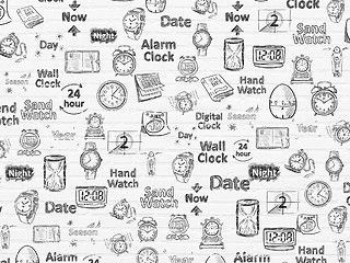 Image showing Grunge background: White Brick wall texture with  Hand Drawing Time Icons