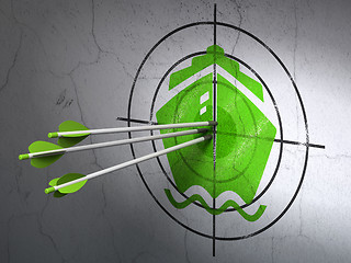 Image showing Vacation concept: arrows in Ship target on wall background