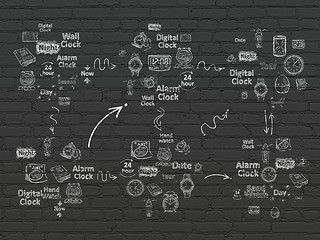 Image showing Grunge background: Black Brick wall texture with  Hand Drawing Time Icons