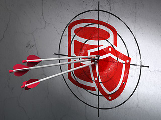 Image showing Software concept: arrows in Database With Shield target on wall background