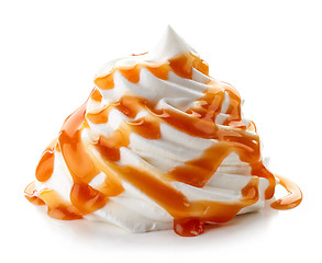 Image showing whipped cream with caramel sauce on white background