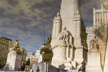 Image showing  Don Quixote statue water reflection on Square of Spain in Madrid.