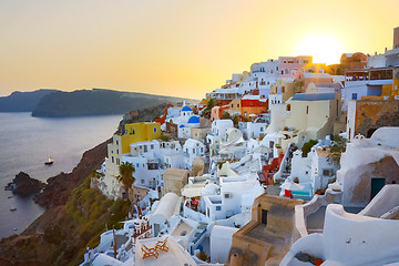 Image showing Oia village on Santorini in sunset, Greece.