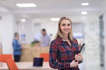 Image showing portrait of young business woman at office with team in backgrou