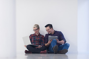 Image showing startup business, couple working on laptop computer at office