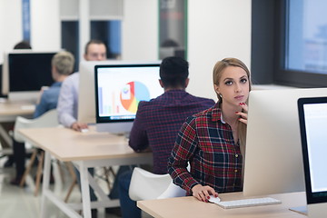 Image showing startup business, woman  working on desktop computer