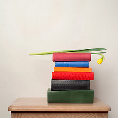 Image showing stack of books and flower on the table