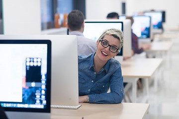 Image showing startup business, woman  working on desktop computer