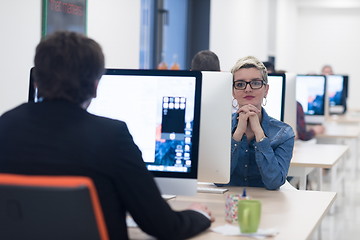 Image showing startup business, woman  working on desktop computer