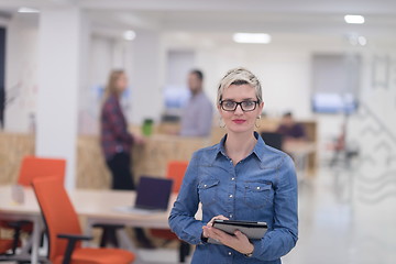 Image showing portrait of young business woman at office with team in backgrou