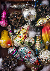 Image showing Christmas old wooden box with toys