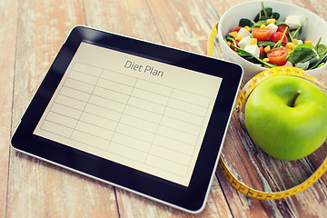 Image showing close up of diet plan on tablet pc and food